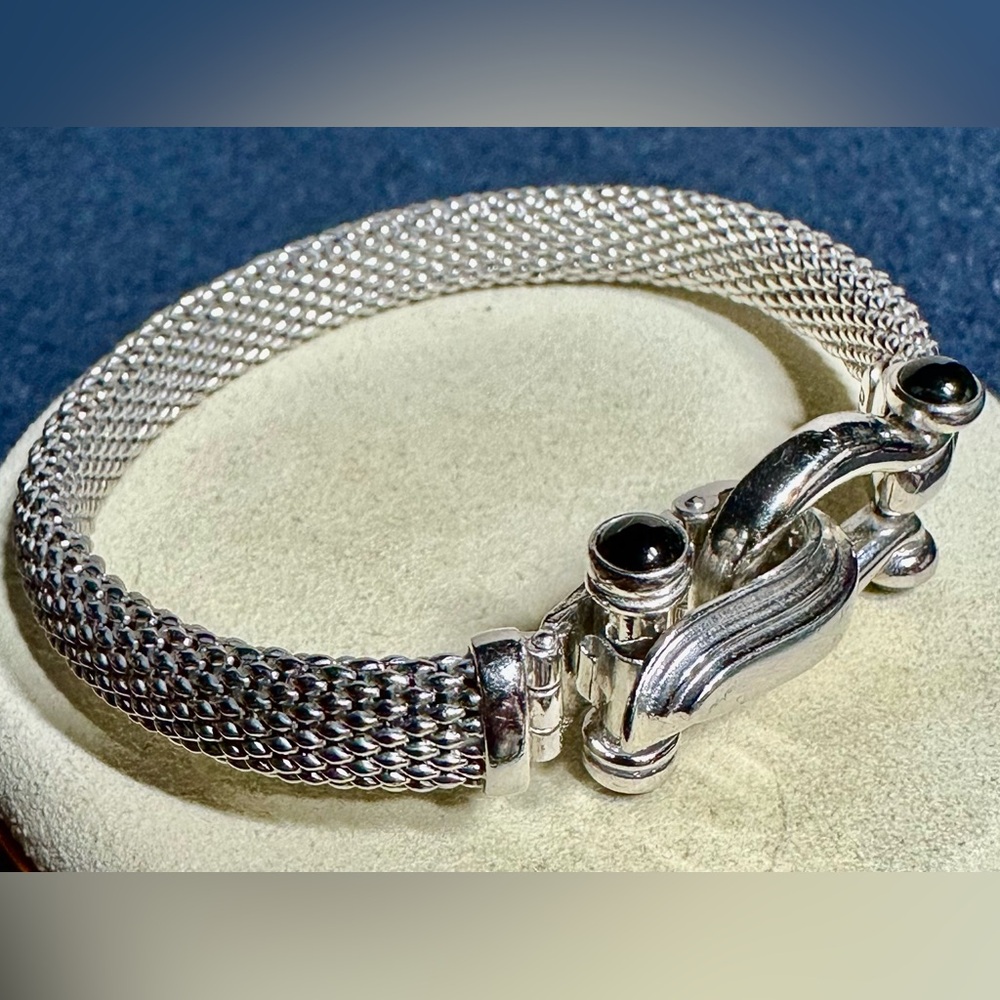Gabrielle Bruni 925 Silver & Onyx Popcorn Mesh Hook Bangle 6.75” Lot#761